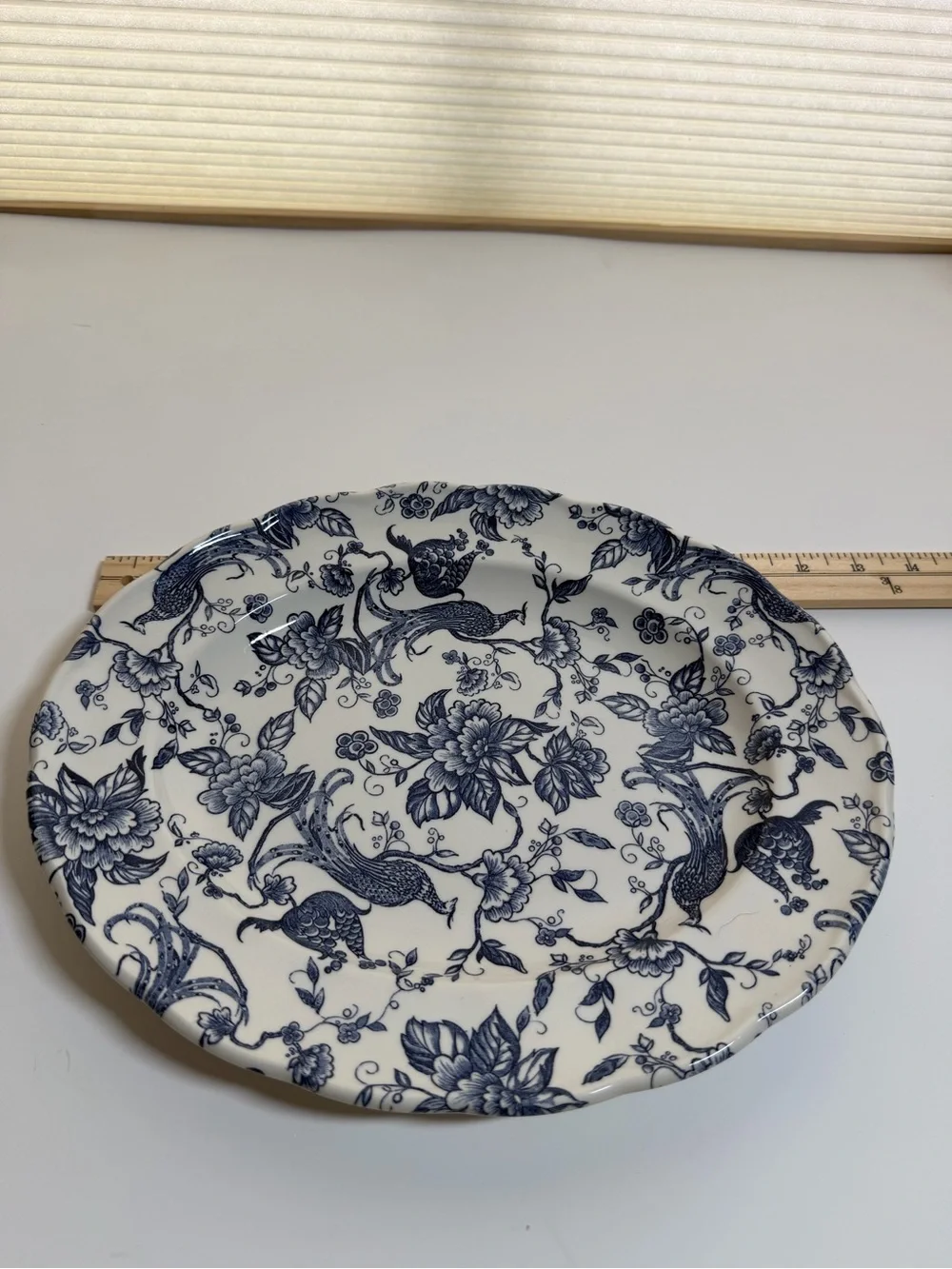 Ravensdale Blue and White Floral Pottery Serving Platter. Peacock toile